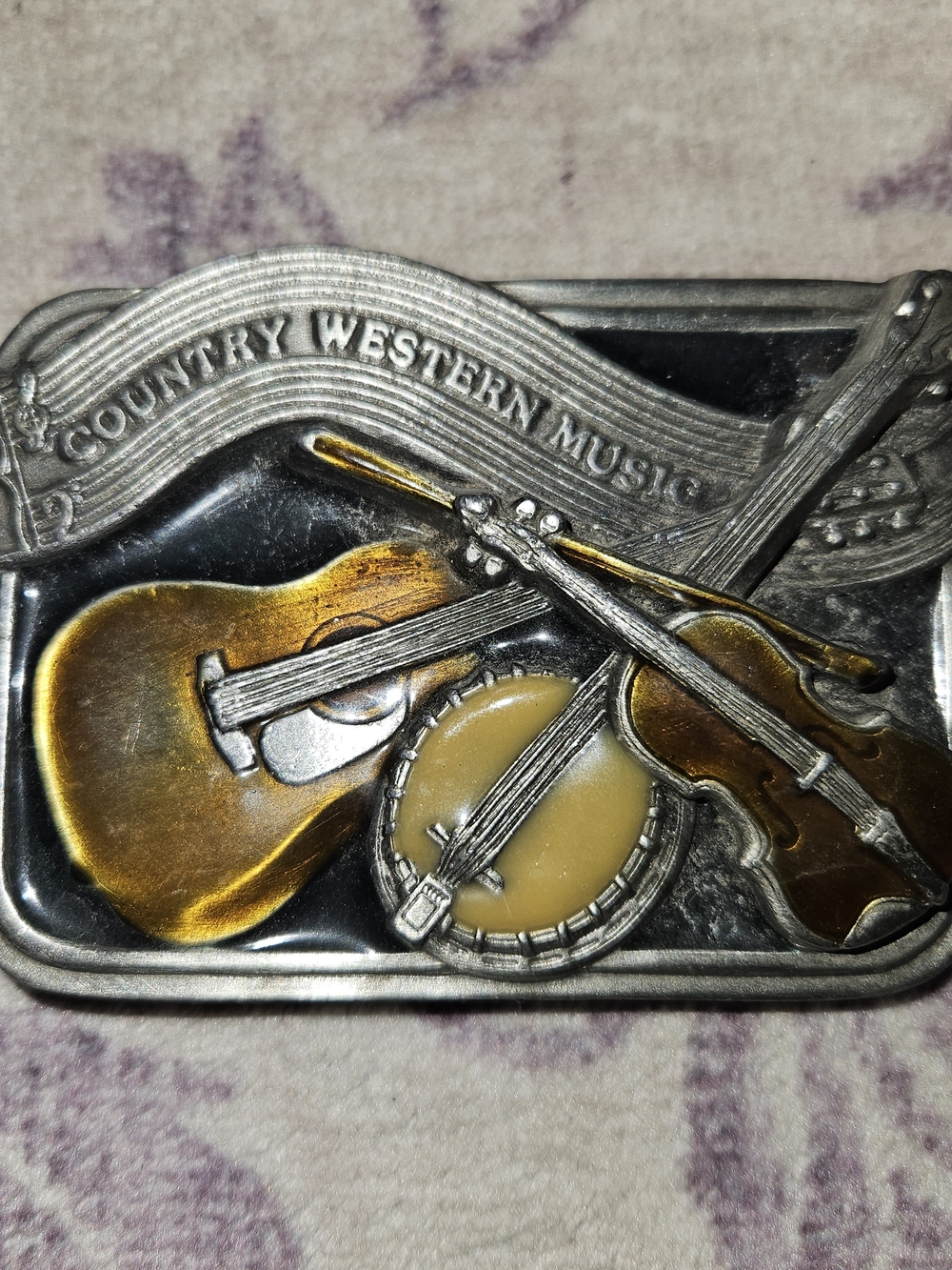 Country Western Music Silver & Brown Instrument Belt Buckle
